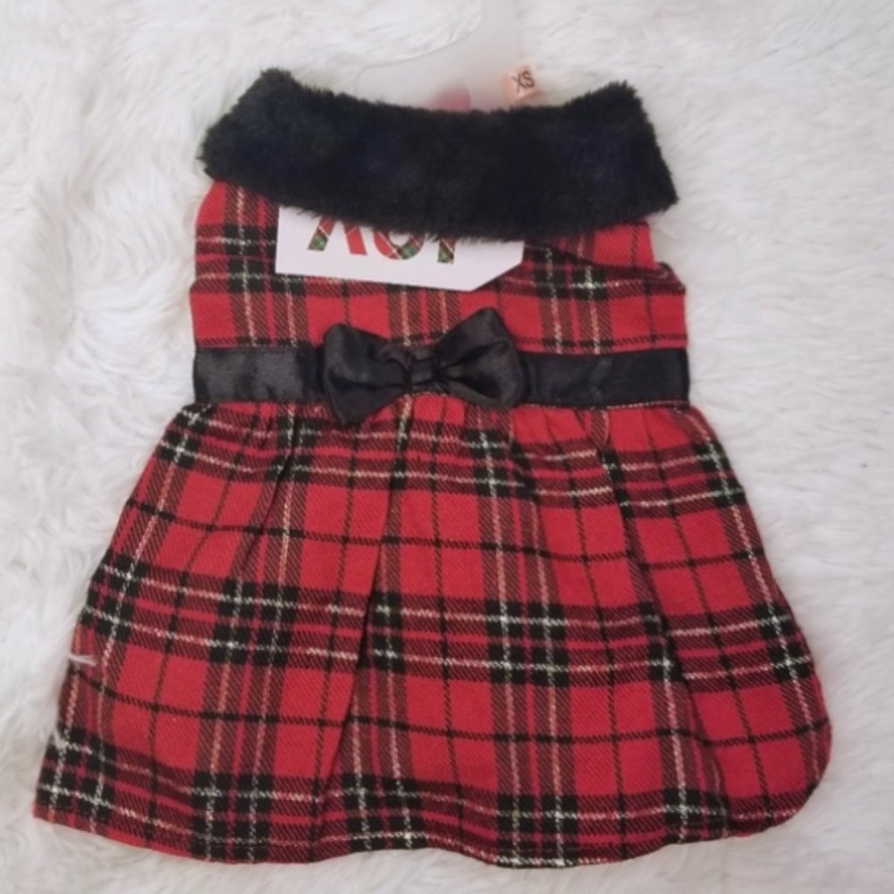 Plaid Doggy Dress with Faux Fur Collar and Bow, XS - Picture 1 of 2